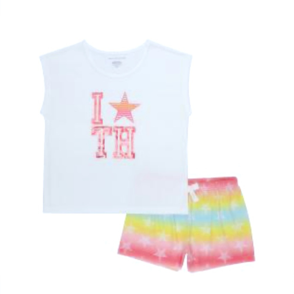 Tommy Hilfiger girls Rainbow white & pink “I ⭐️ TH” loose fit pajama set. S: 6-7